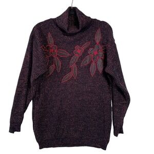 SML Sport Vintage Metallic Knit‎ Turtleneck Sweater Floral Applique Size S Women